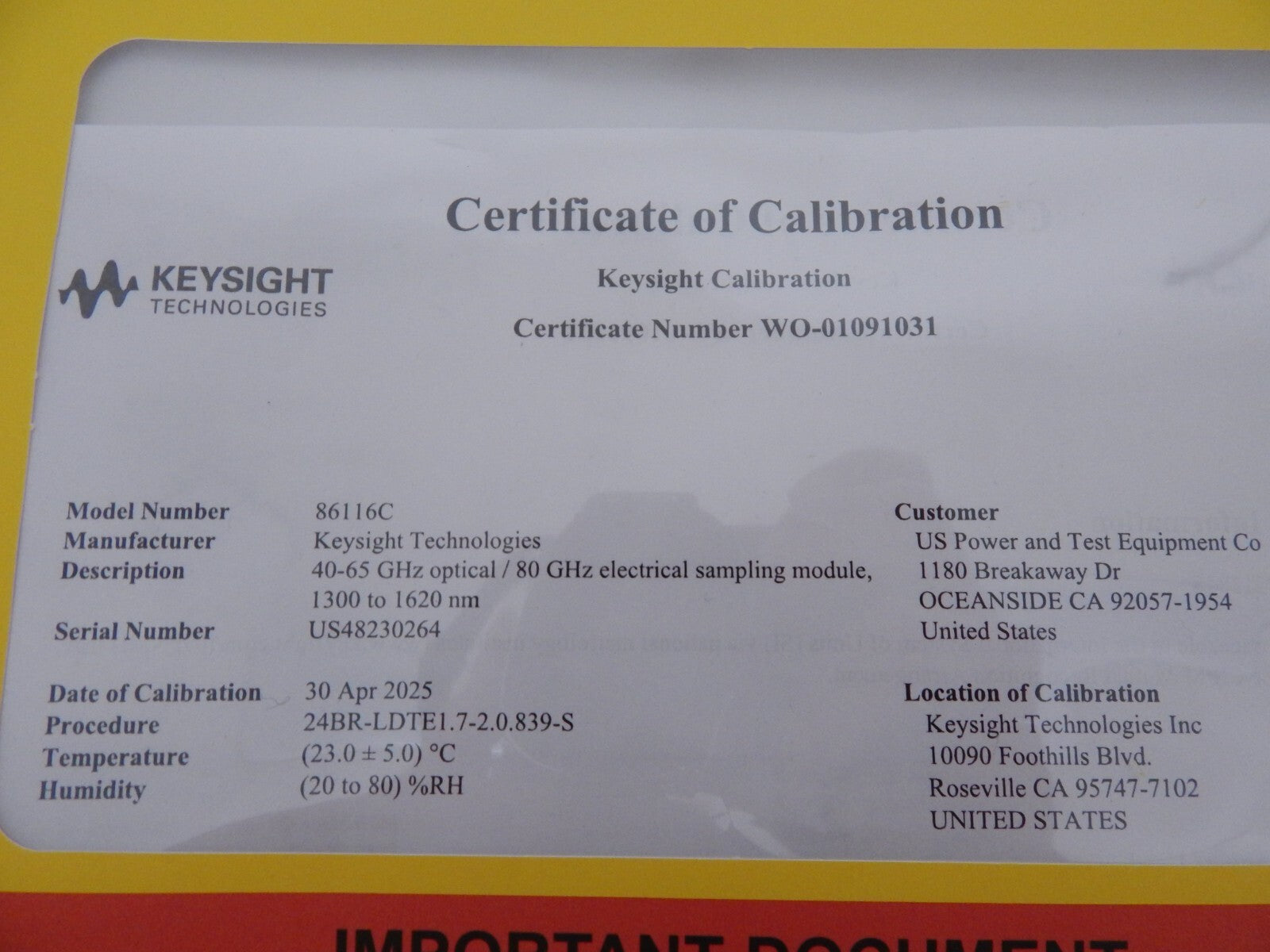 Agilent 86116C 80GHz Electrical/65Ghz Optical Mod. Opt 040, Keysight cal. 4/2025 Agilent 86116C 80GHz Electrical/65Ghz Optical Mod. Opt 040, Keysight cal. 4/2025